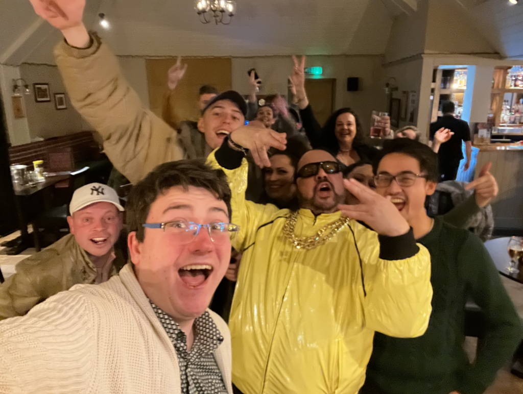 Celebrating a great night of music and fundraising at The Red Lion with an unexpected appearance from Ali G - February 2023